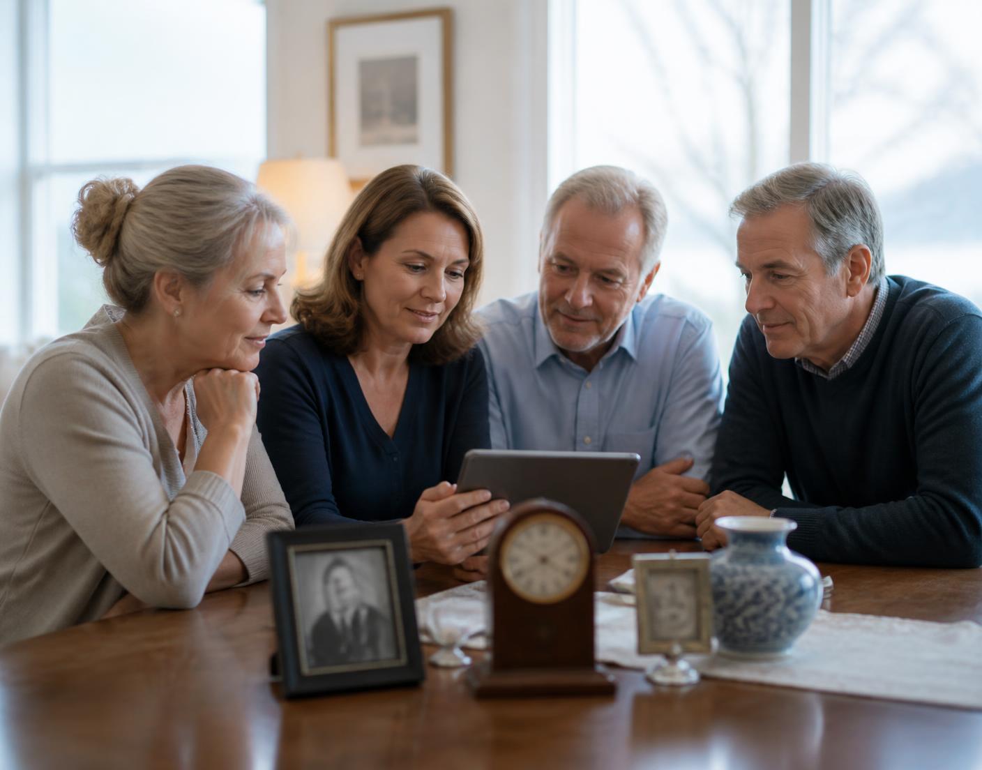 An adult family sitting together reviewing belongings on a tablet