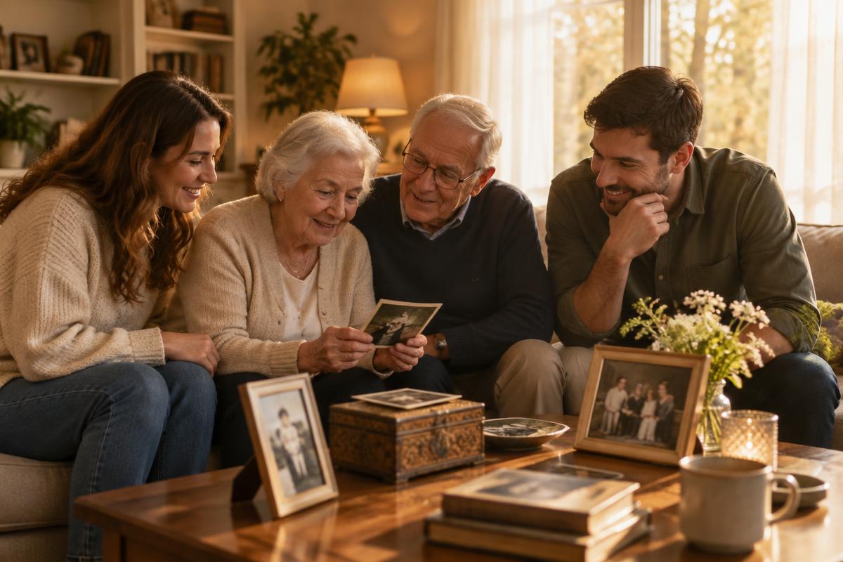 A family looking through photographs and keepsakes together in a living room